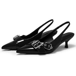 Coutgo Women's Black Slingback Closed Pointed Toe Studded Buckle Strap High Heel